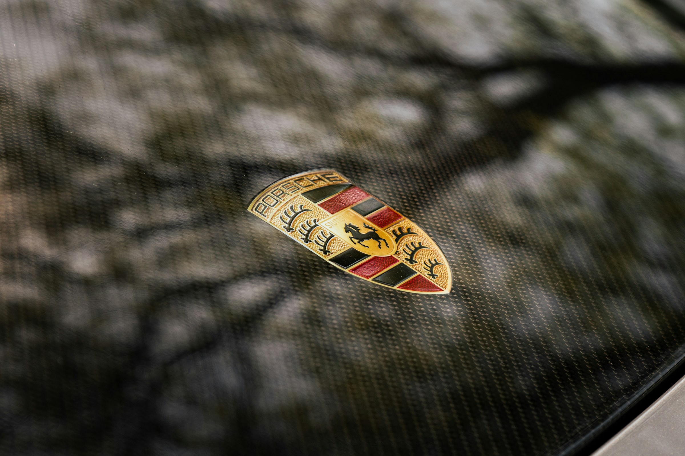 Écusson Porsche sur le capot en carbone